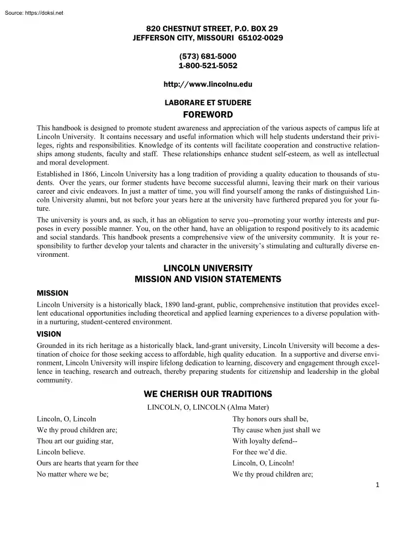 Lincoln University, Student Handbook