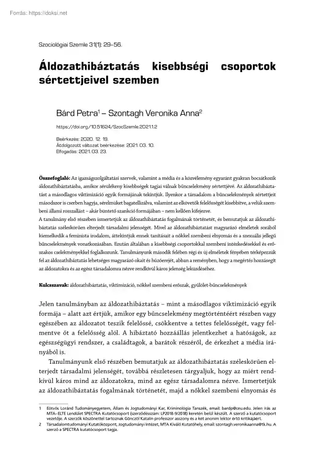 Bárd-Szontagh - Áldozathibáztatás kisebbségi csoportok sértettjeivel szemben