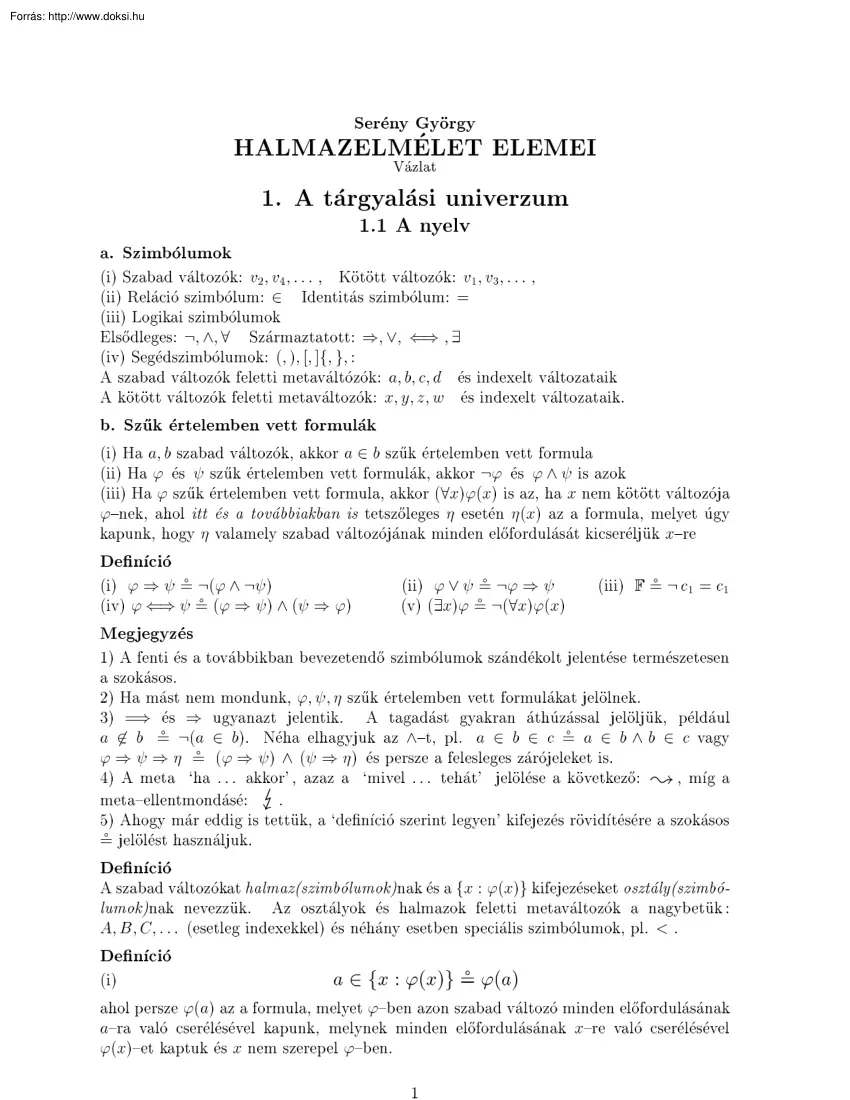 Serény György - Halmazelmélet elemei