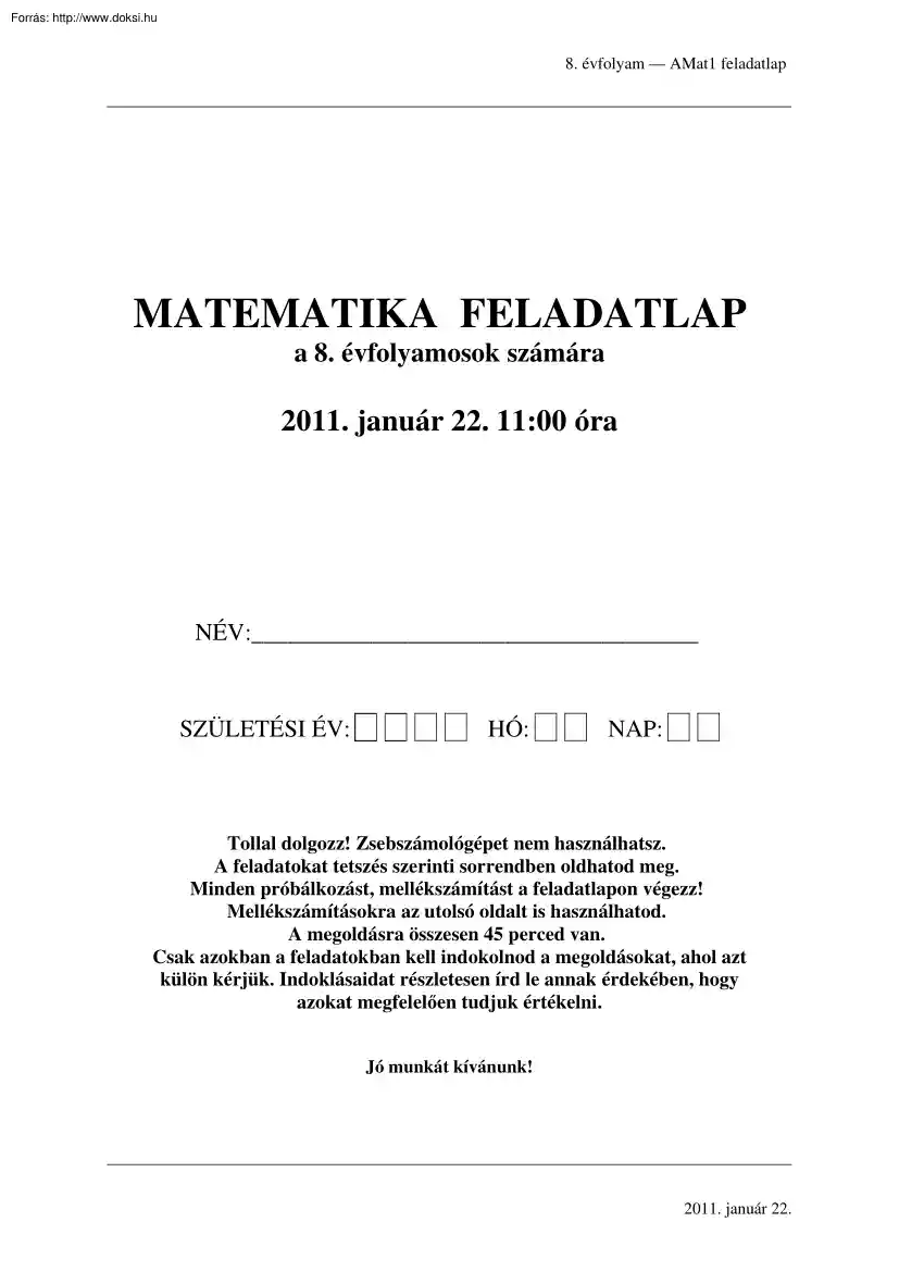 Matematika központi írásbeli felvételi feladatsor megoldással, 2011