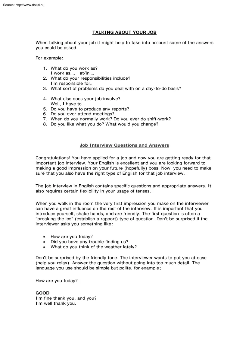 Talking about your job