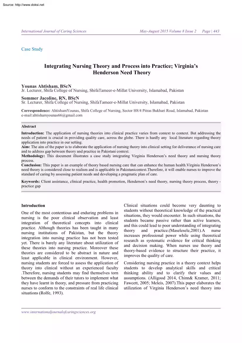 Ahtisham-Jacoline - Integrating Nursing Theory and Process into Practice, Virginias Henderson Need Theory