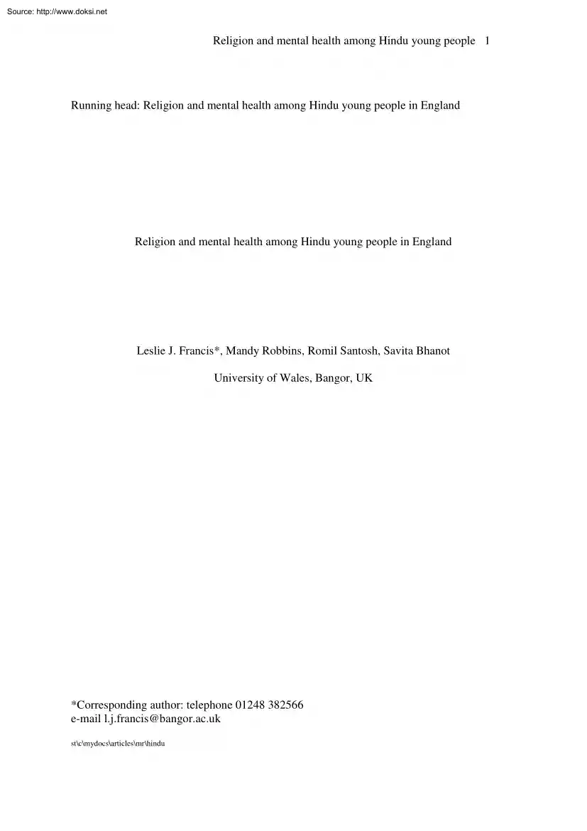 Francis-Robbins-Santosh - Religion and Mental Health among Hindu Young People in England