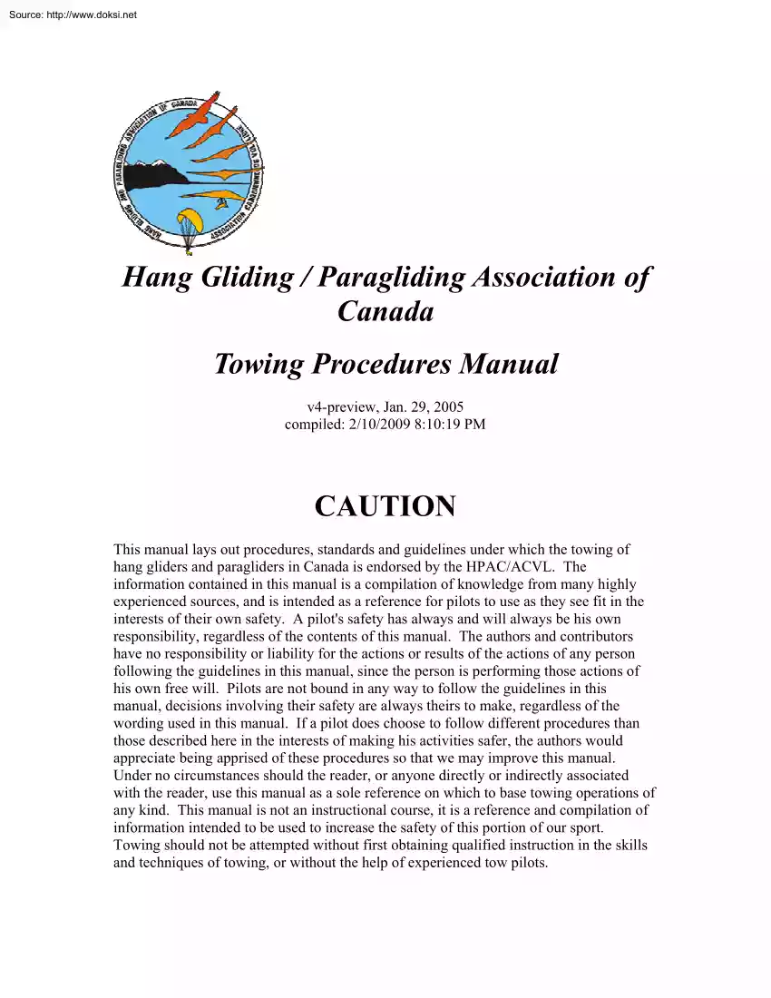 Hang Gliding and Paragliding Association of Canada, Towing Procedures Manual