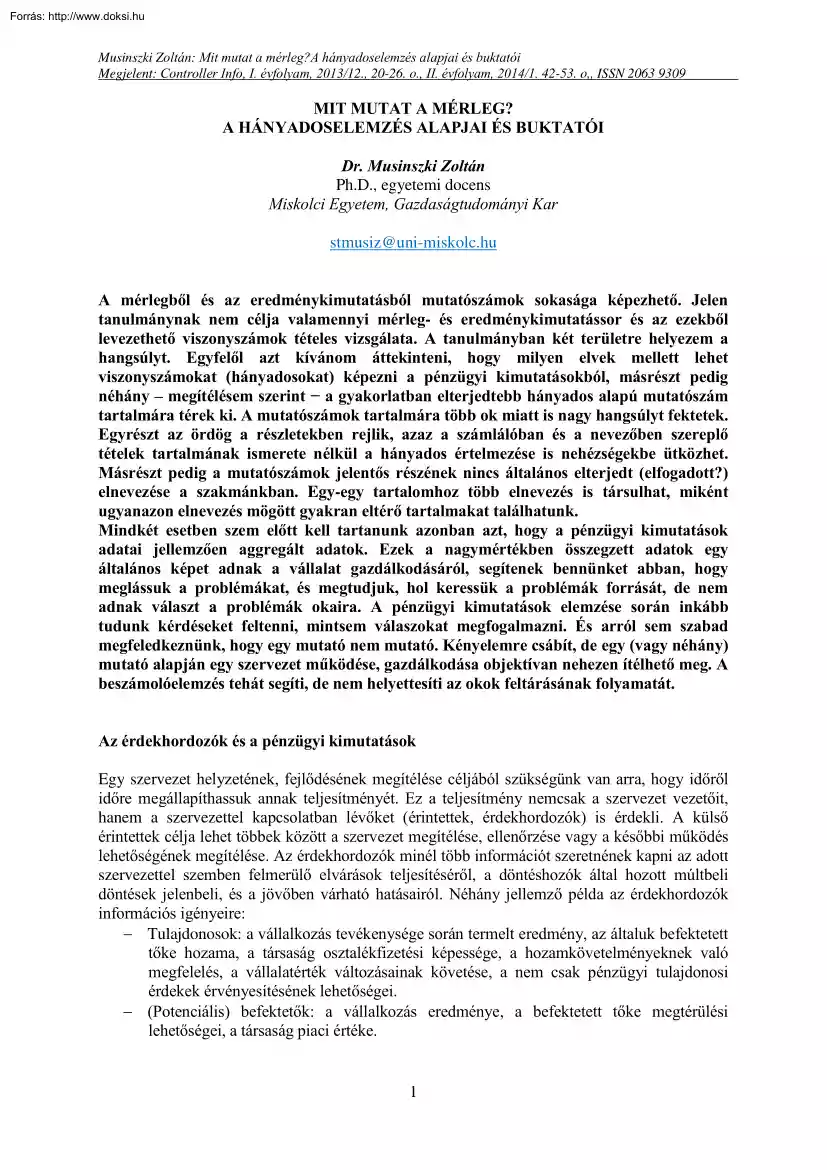 Dr. Musinszki Zoltán - Mit mutat a mérleg, A hányadoselemzés alapjai és buktatói