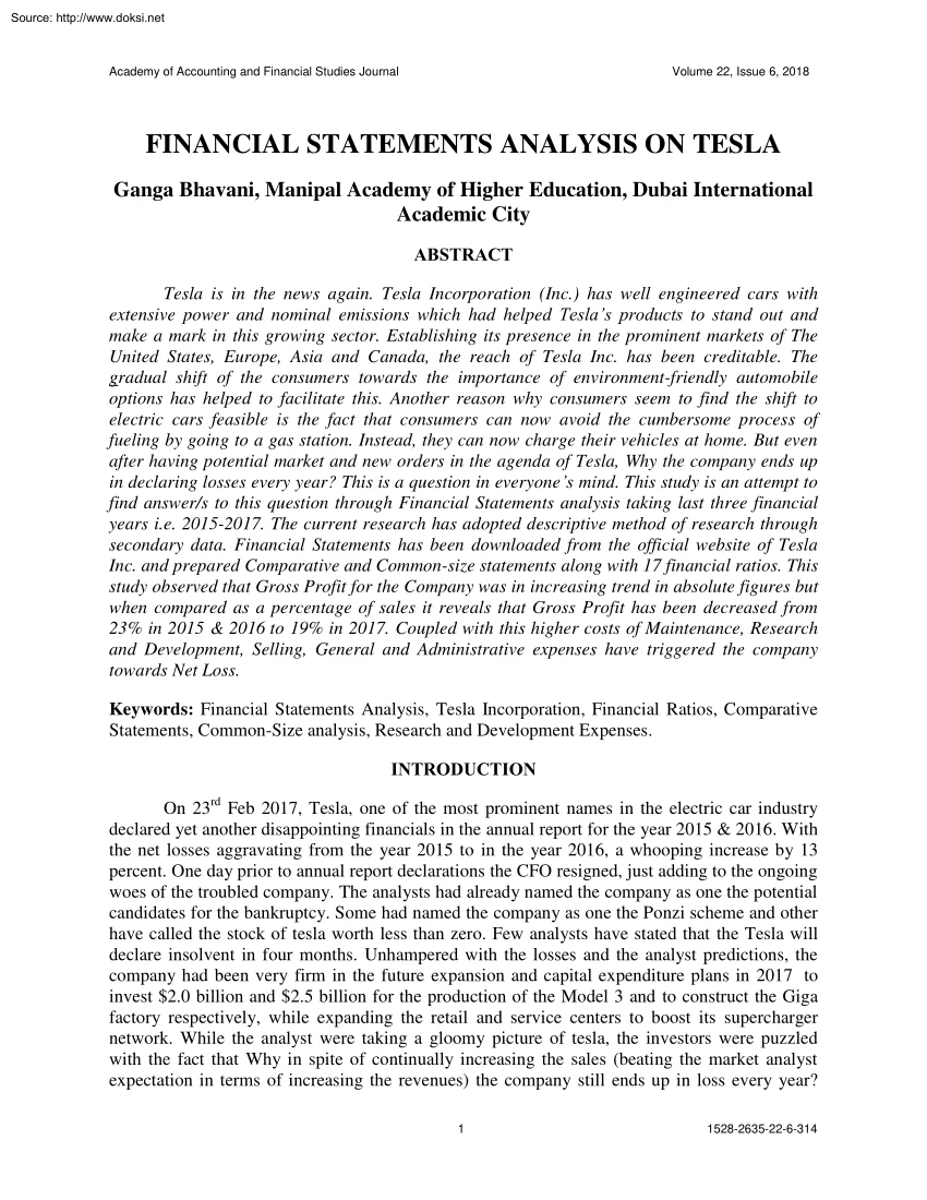 Ganga Bhavani - Financial Statements Analysis on Tesla