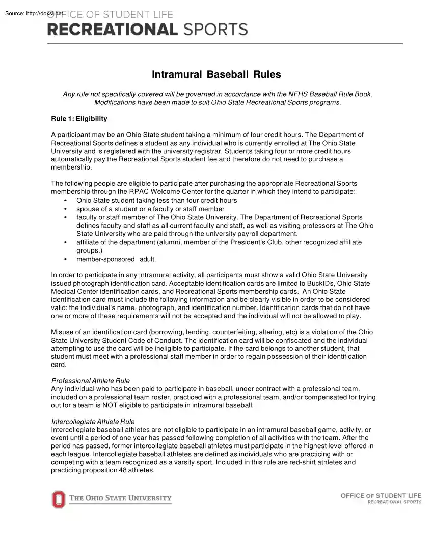 Intramural Baseball Rules