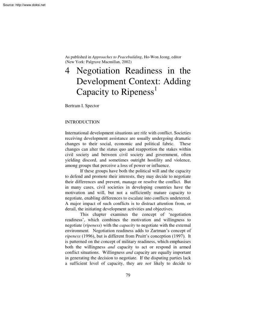 Bertram I. Spector - Negotiation Readiness in the Development Context, Adding Capacity to Ripeness