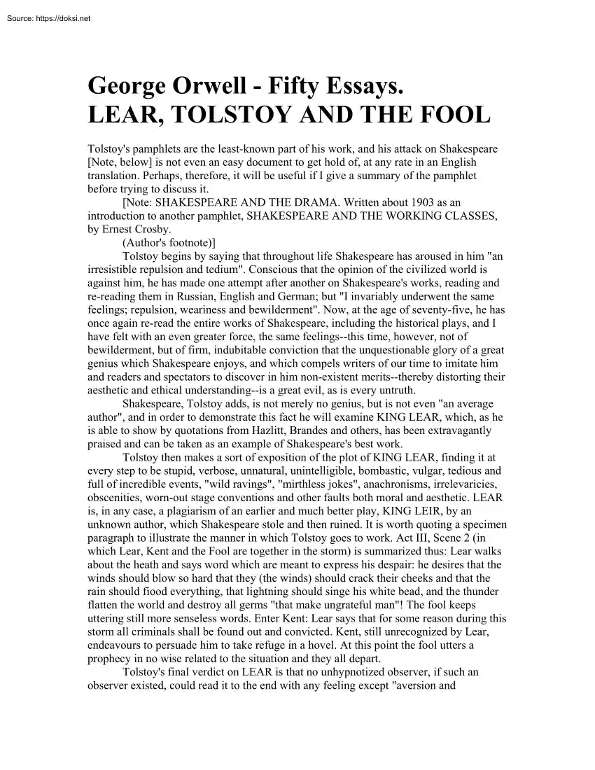 George Orwell, Fifty Essays, Lear, Tolstoy and the Fool