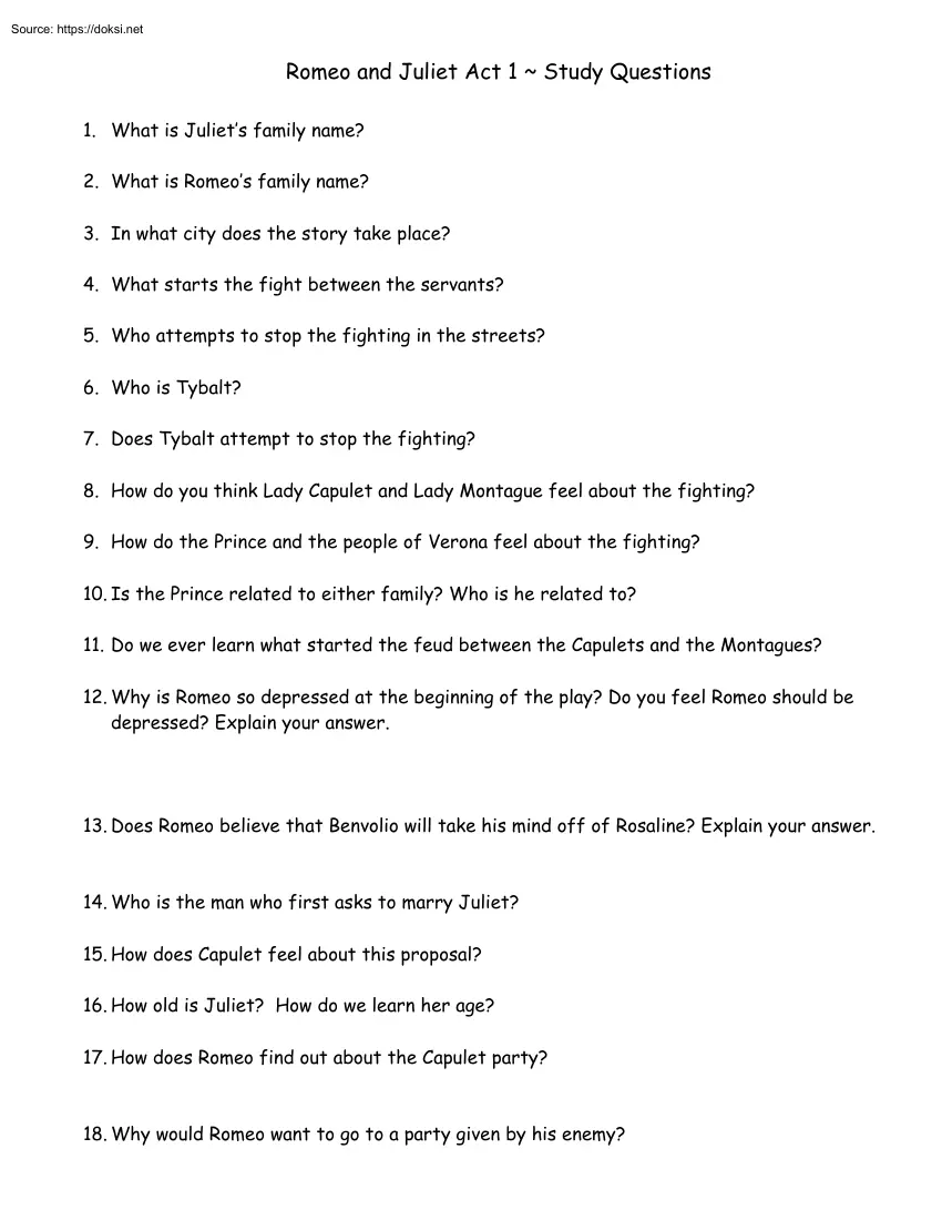 Romeo and Juliet Act 1, Study Questions