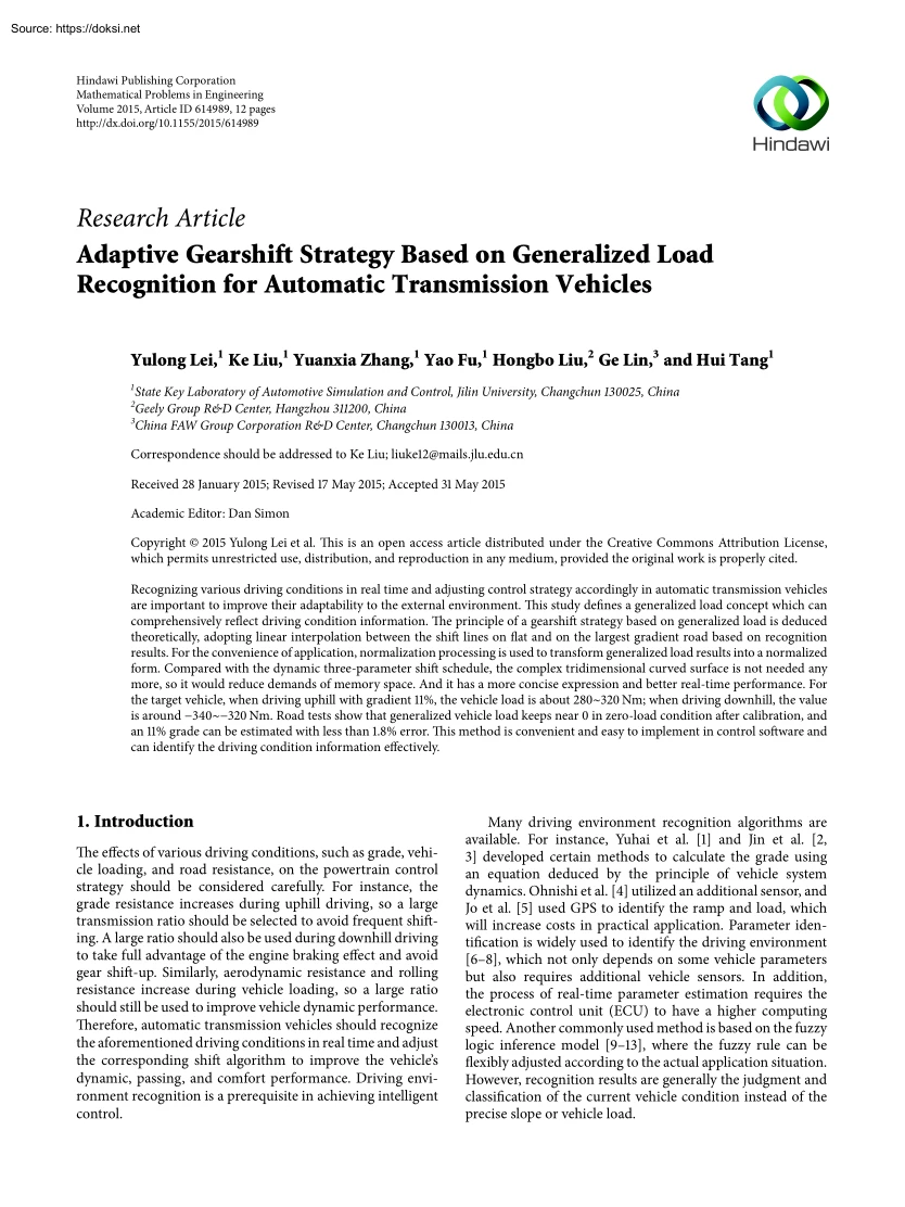 Lei-Liu-Zhang - Adaptive Gearshift Strategy Based on Generalized Load Recognition for Automatic Transmission Vehicles