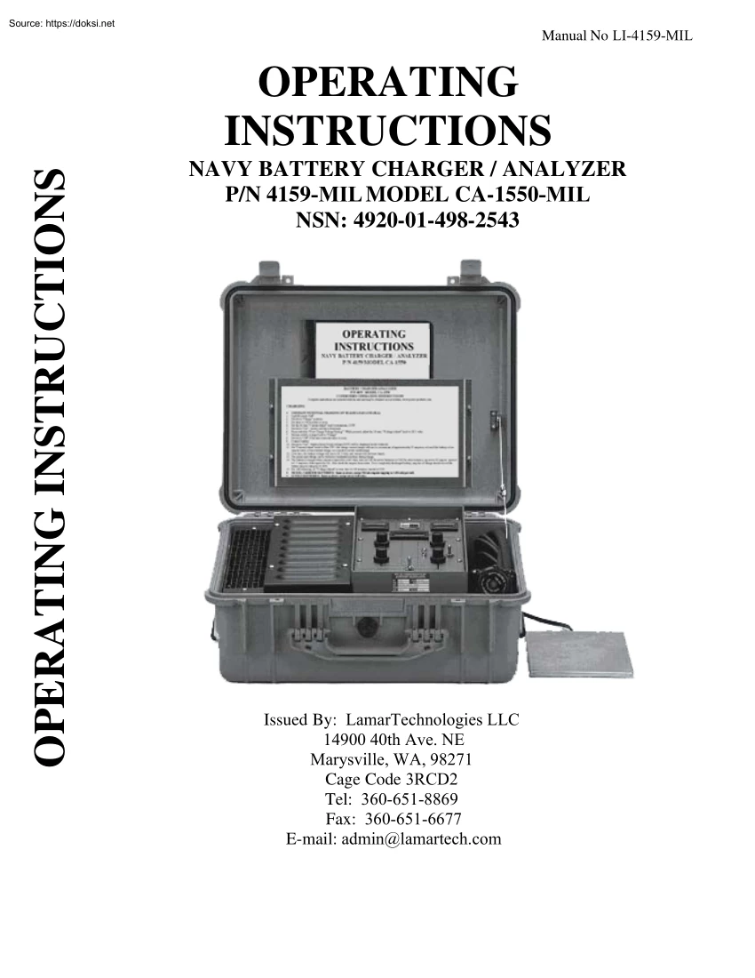 Operating Instructions Navy Battery Charger, Analyzer P/N 4159-MIL, MODEL CA-1550-MIL NSN 4920-01-498-2543