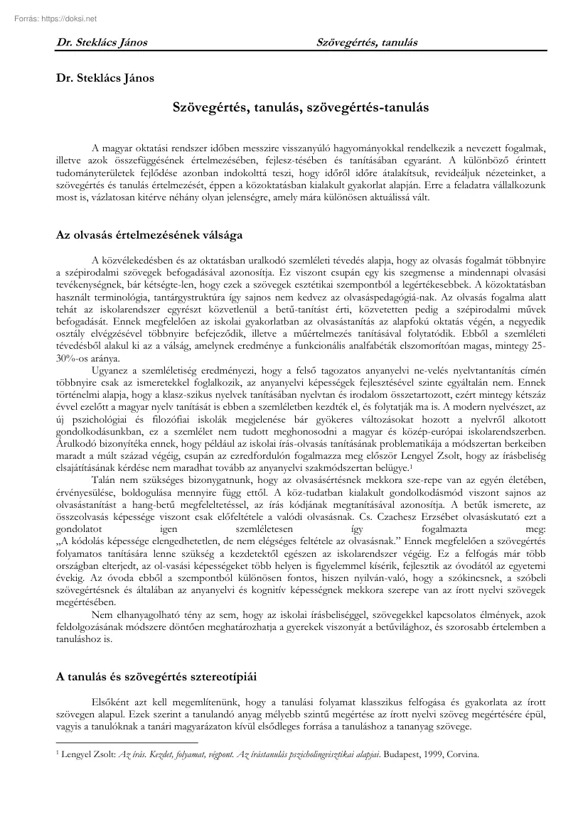 Dr. Steklács János - Szövegértés, tanulás, szövegértés-tanulás