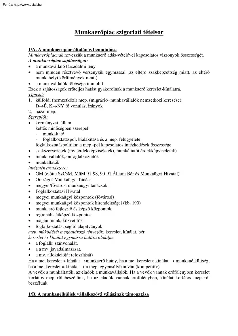 Munkaerőpiac szigorlati tételsor