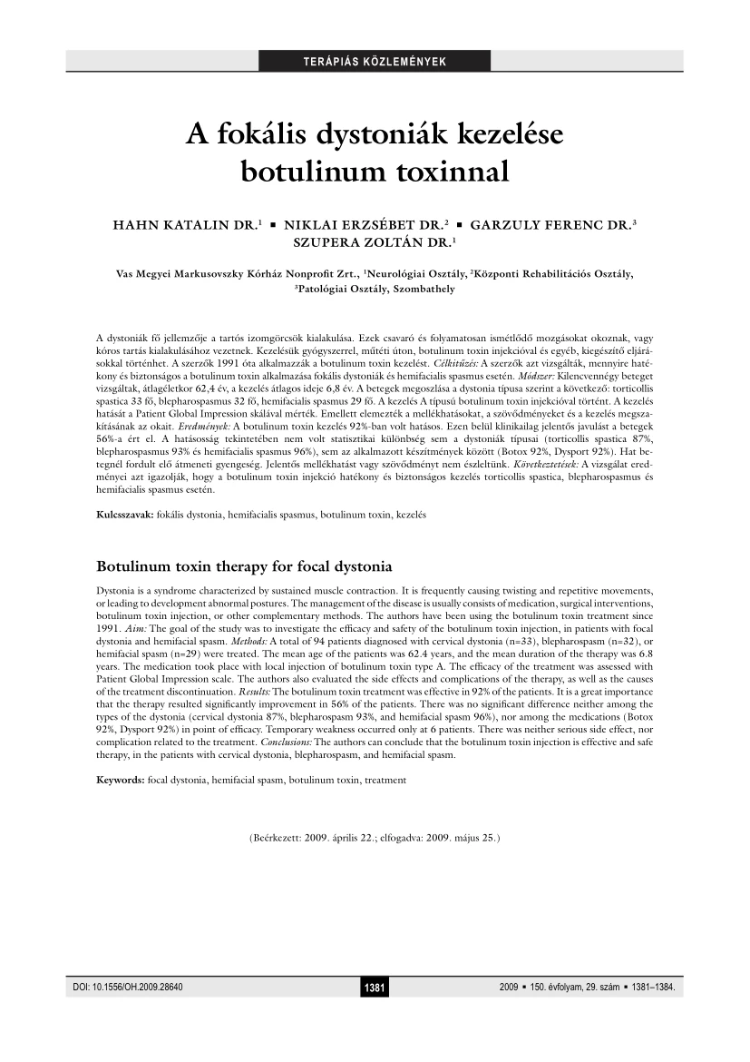 Dr.Hahn-Dr. Niklai-Dr.Garzuly - A fokális dystoniák kezelése botulinum toxinnal