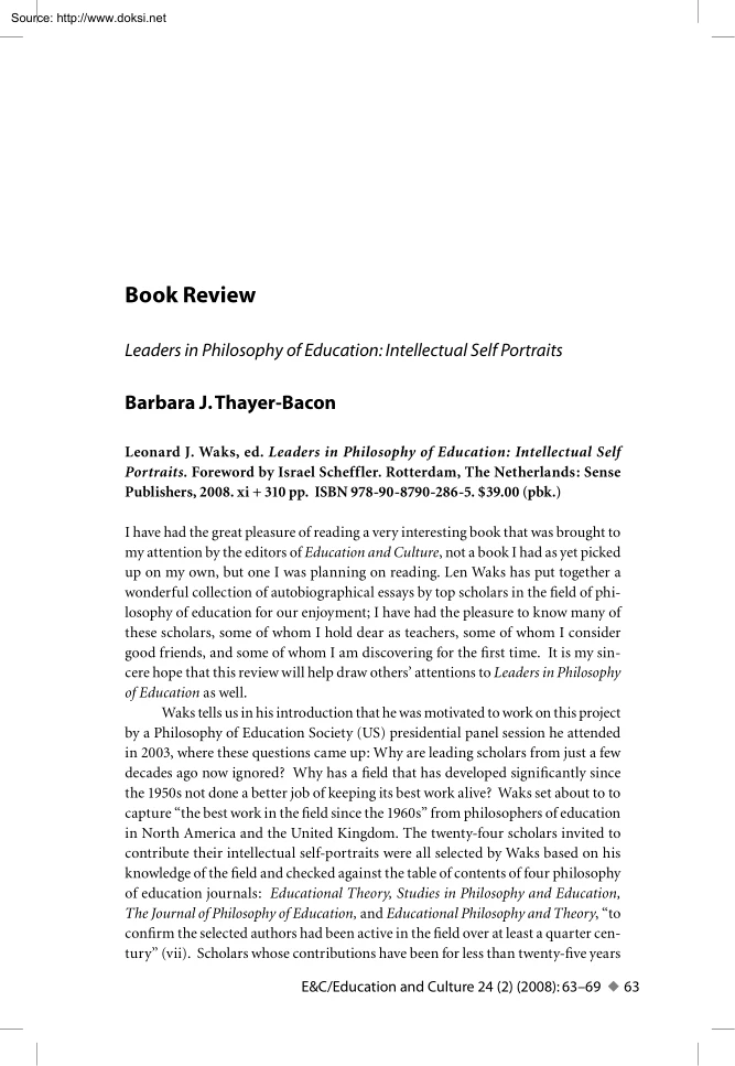 Barbara J. Thayer Bacon - Leaders in Philosophy of Education, Intellectual Self Portraits, Book Review