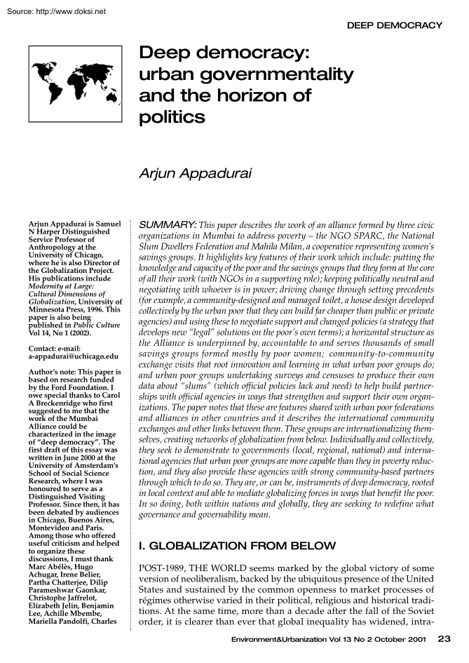 Arjun Appadurai - Deep Democracy, Urban Governmentality and the Horizon of Politics