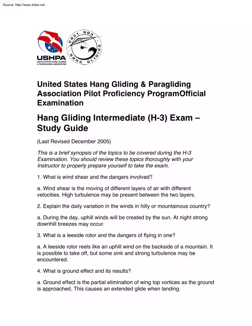 Hang Gliding Intermediate, H3 Exam, Study Guide