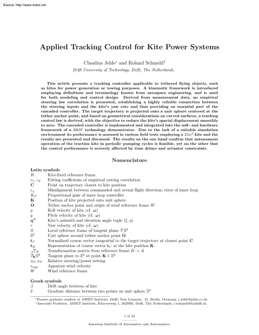 Jehle-Schmehl - Applied Tracking Control for Kite Power Systems