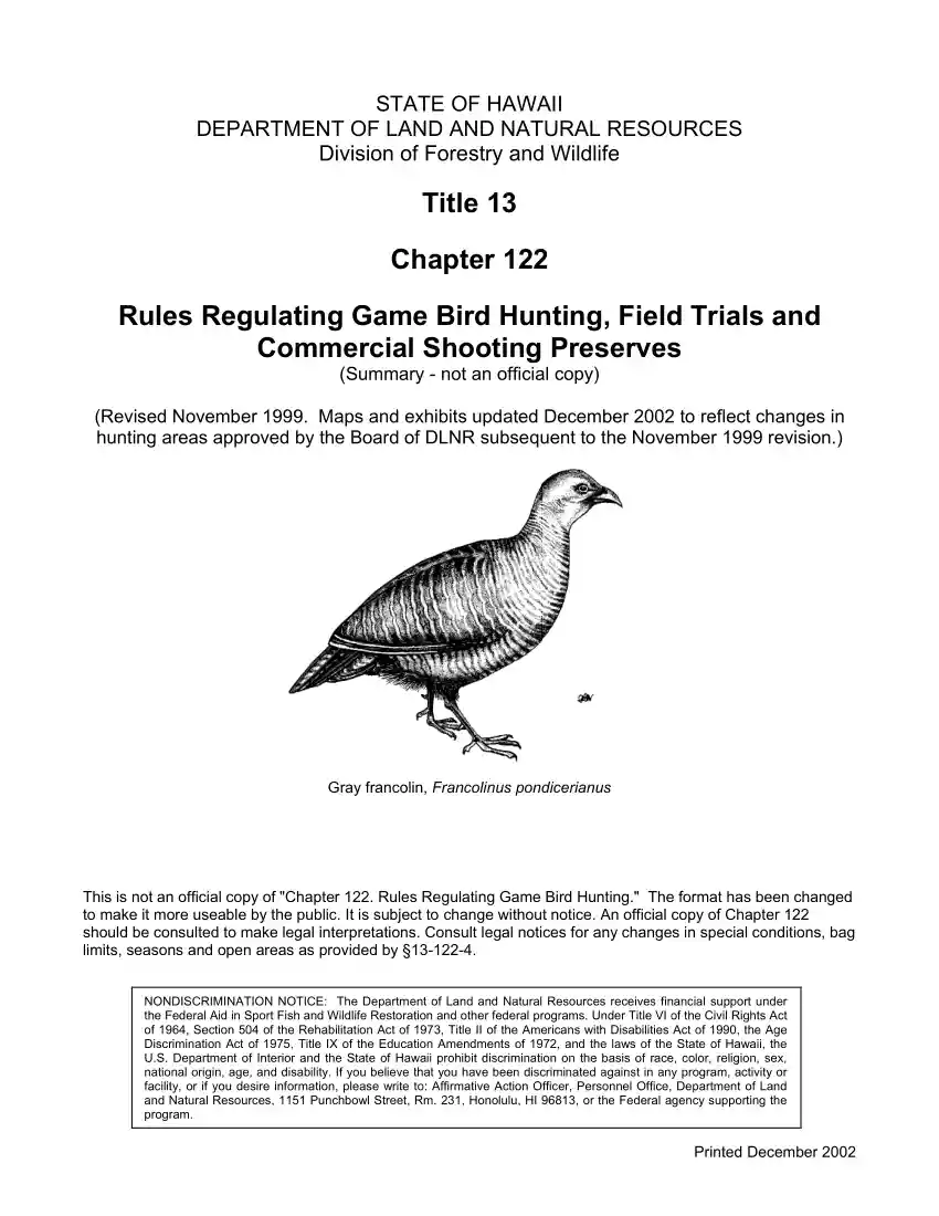 Rules Regulating Game Bird Hunting, Field Trials and Commercial Shooting Preserves