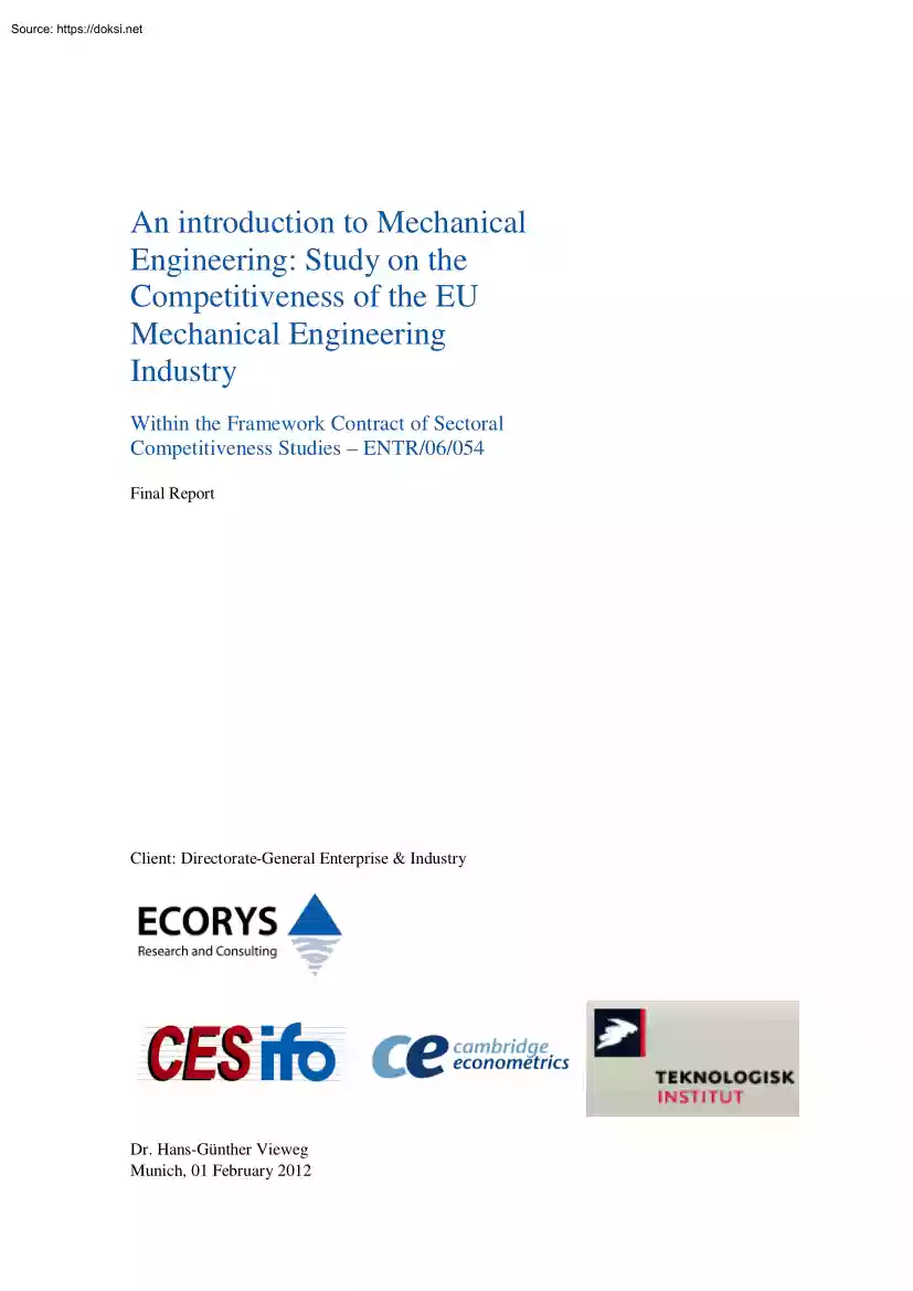 An introduction to Mechanical Engineering, Study on the Competitiveness of the EU Mechanical Engineering Industry