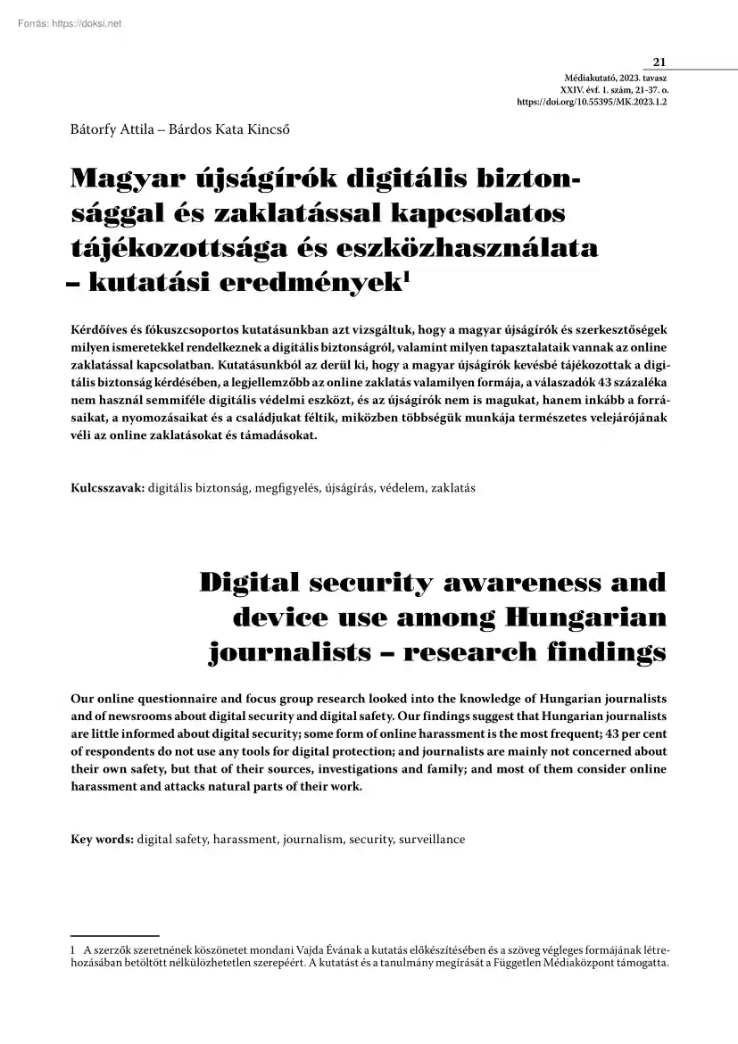 Bátorfy-Bárdos - Magyar újságírók digitális biztonsággal és zaklatással kapcsolatos