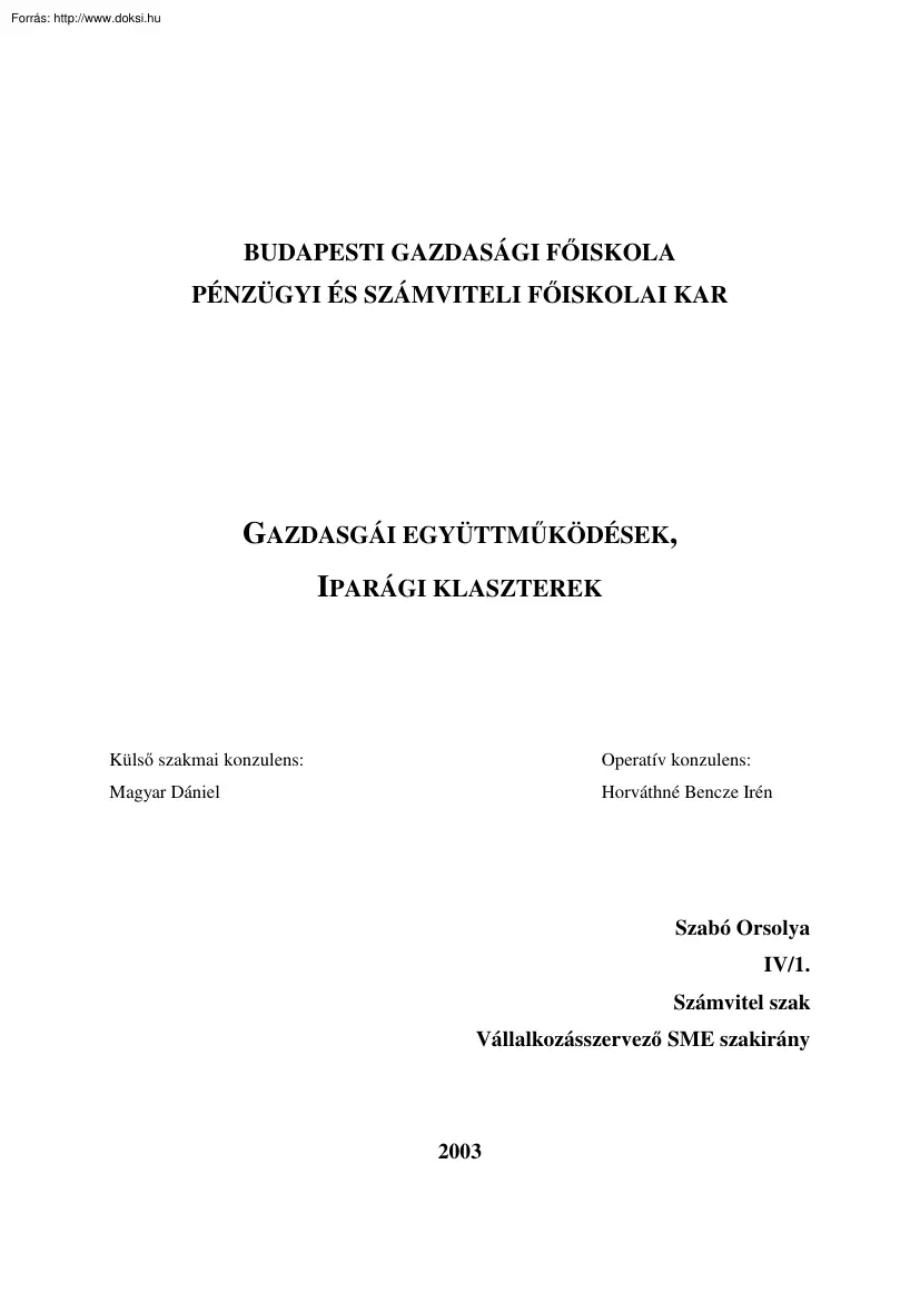 Szabó Orsolya - Gazdasági együttműködések, iparági klaszterek