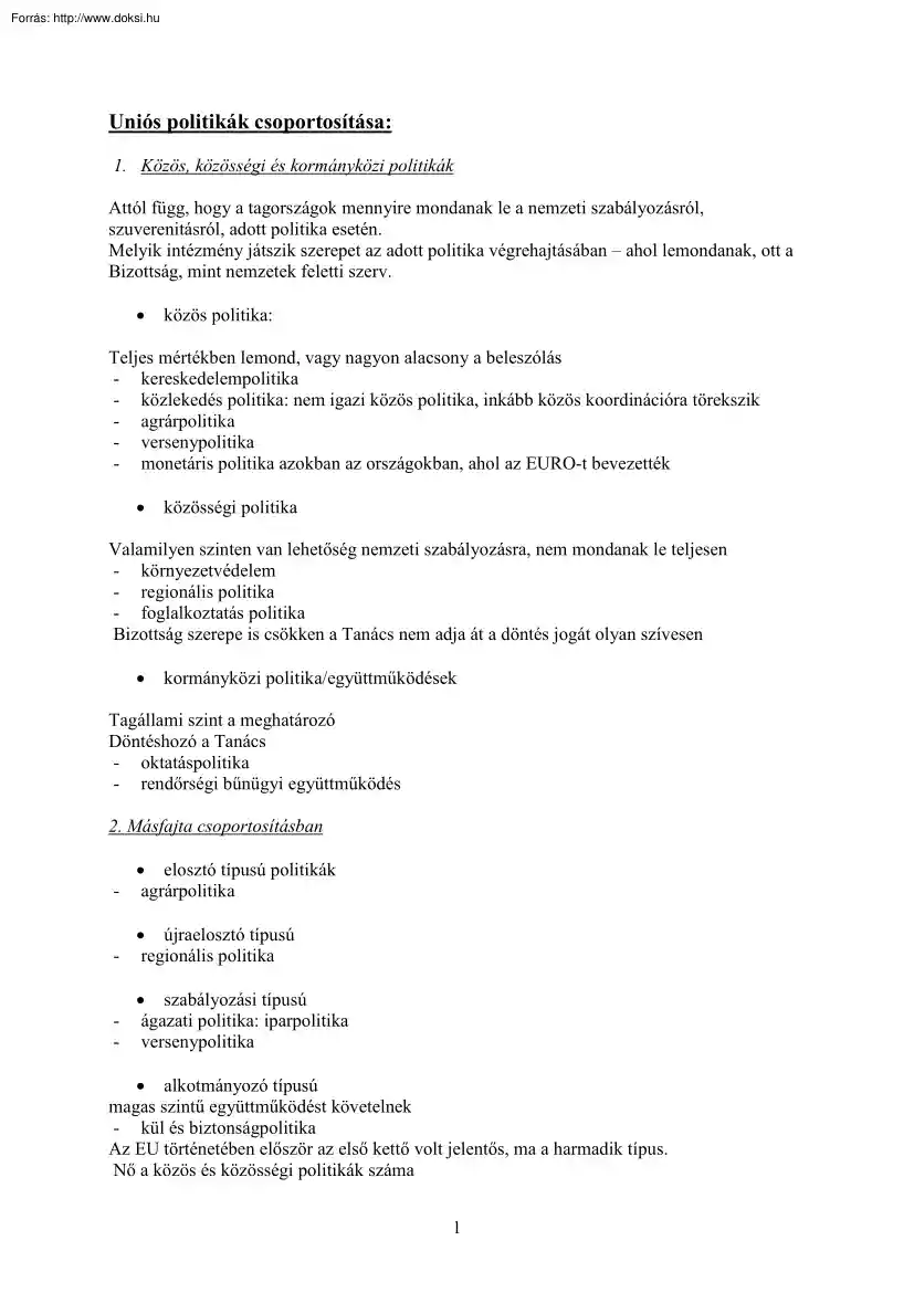 Uniós politikák csoportosítása