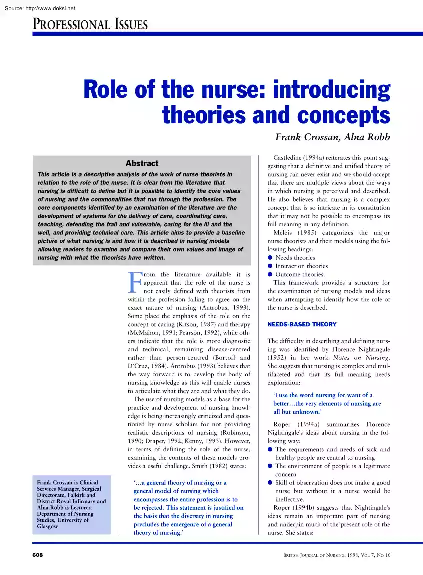Crossan-Robb - Role of the Nurse, Introducing Theories and Concepts