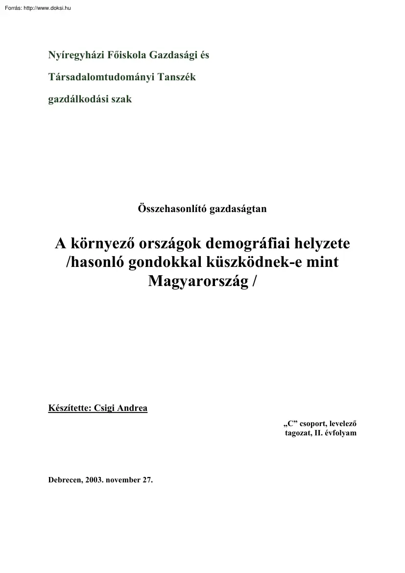 Csigi Andrea - A környező országok demográfiai helyzete