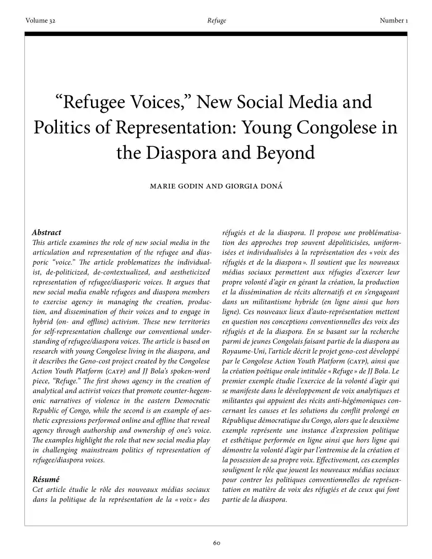 Godin-Doná - Refugee Voices, New Social Media and Politics of Representation, Young Congolese in the Diaspora and Beyond