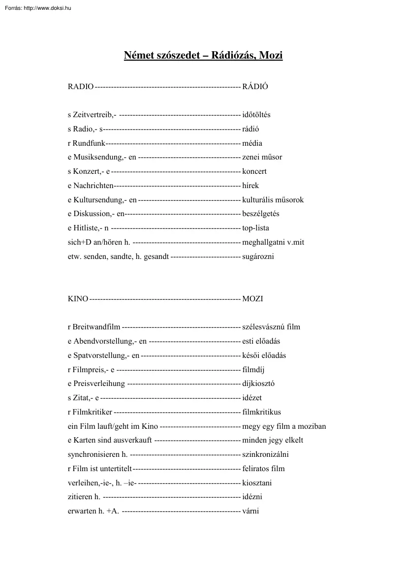 Német szószedet - Rádiózás, Mozi