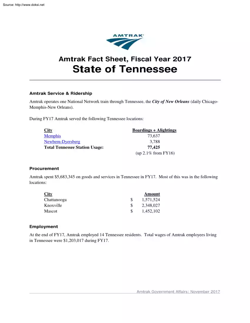 Amtrak Fact Sheet, State of Tennessee