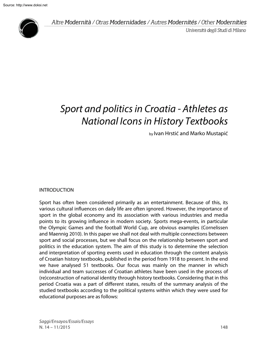 Hrstic-Mustapic - Sport and Politics in Croatia, Athletes as National Icons in History Textbooks