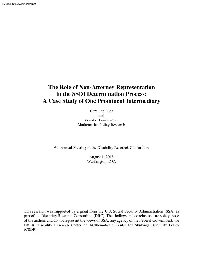 Luca-Ben-Shalom - The Role of Non-Attorney Representation in the SSDI Determination Process, A Case Study of One Prominent Intermediary