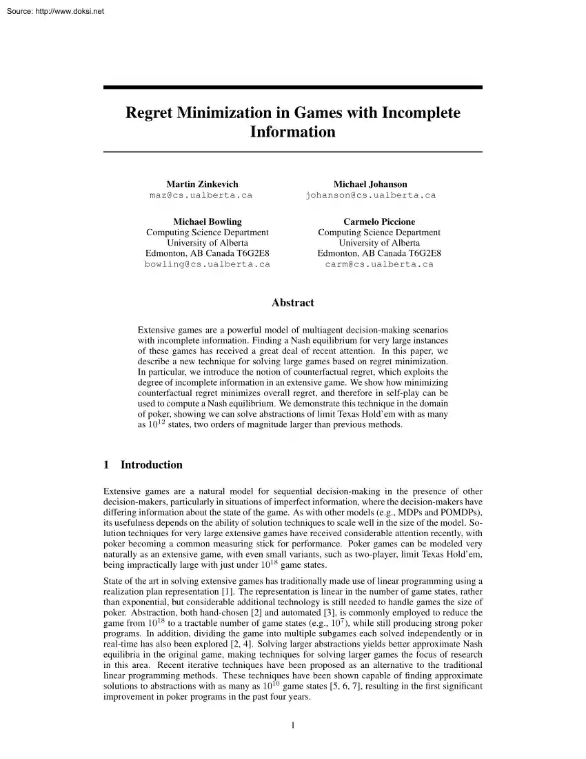 Zinkevich-Johanson - Regret Minimization in Games with Incomplete Information