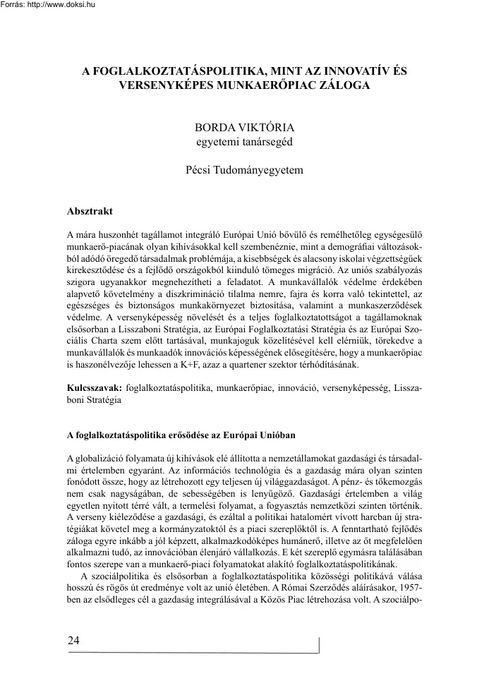 Borda Viktória - A foglalkoztatáspolitika mint az innovatív és versenyképes munkaerőpiac