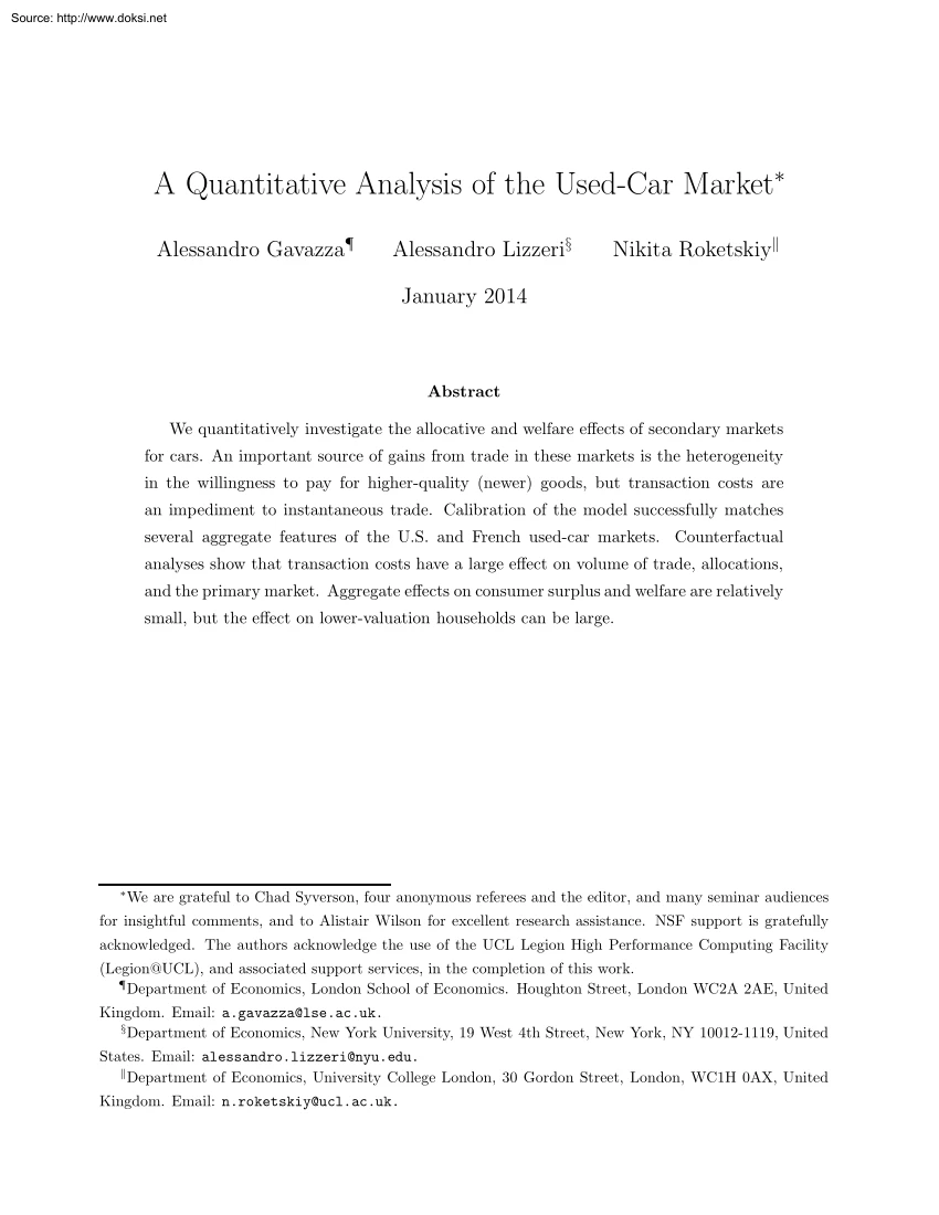 Gavazza-Lizzeri-Roketskiy - A Quantitative Analysis of the Used Car Market
