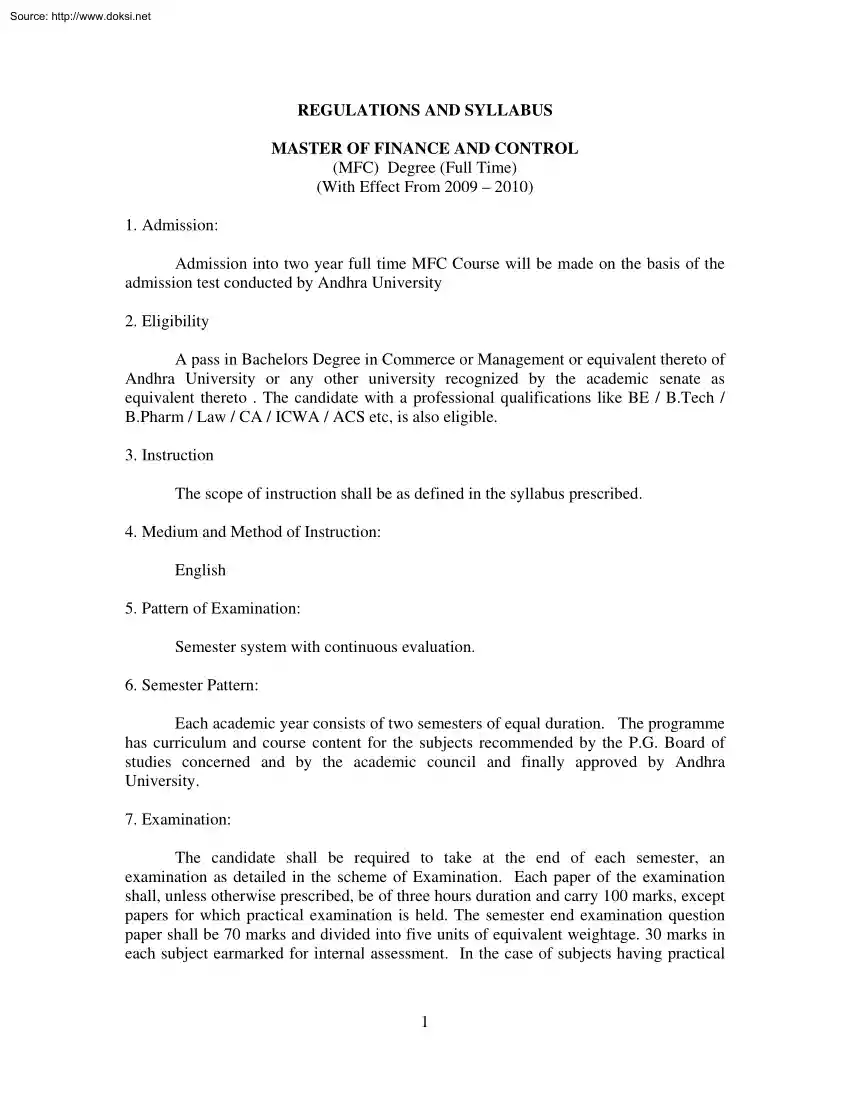 Regulations and Syllabus, Master of Finance and Control