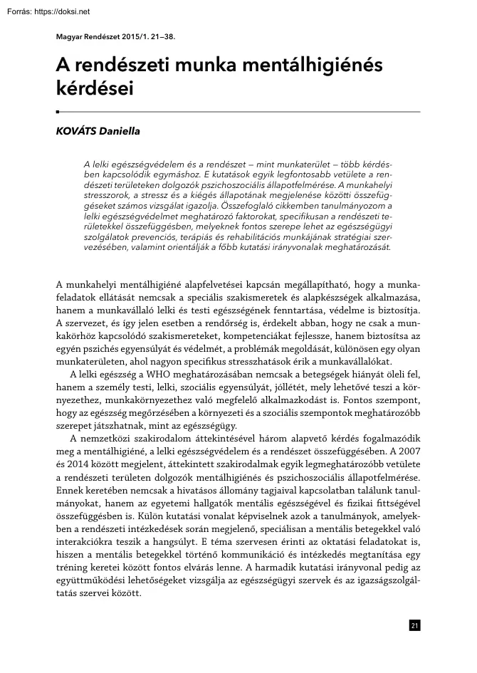 Kováts Daniella - A rendészeti munka mentálhigiénés kérdései