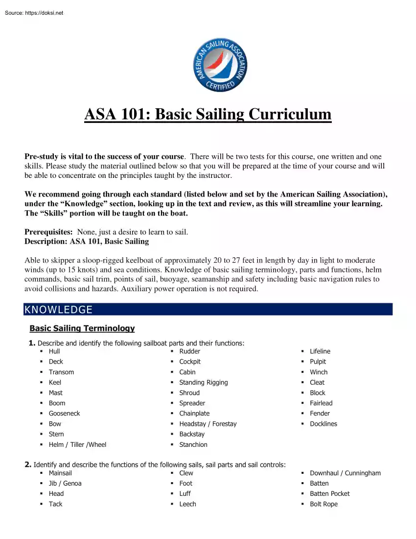 ASA 101, Basic Sailing Curriculum