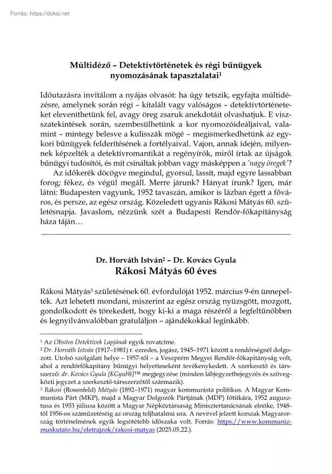Dr. Kovács Gyula - Múltidéző, Rákosi Mátyás 60 éves