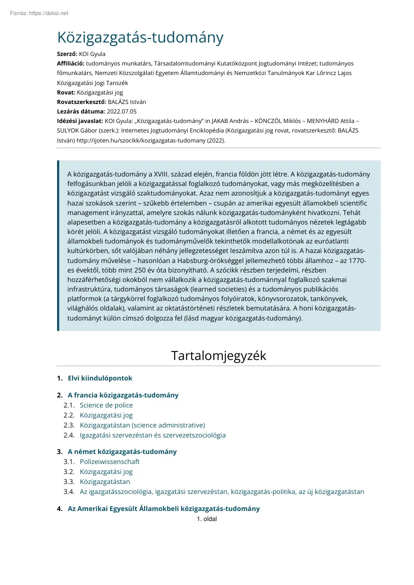 Koi Gyula - Közigazgatás-tudomány
