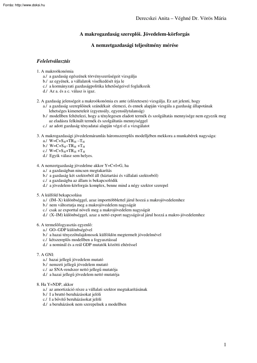 Derecskei-Véghné - A makrogazdaság szereplői, jövedelemkörforgás feladatok