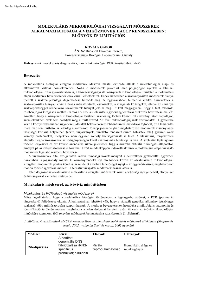 Kovács Gábor - Molekuláris mikrobiológiai vizsgálati módszerek alkalmazhatósága a