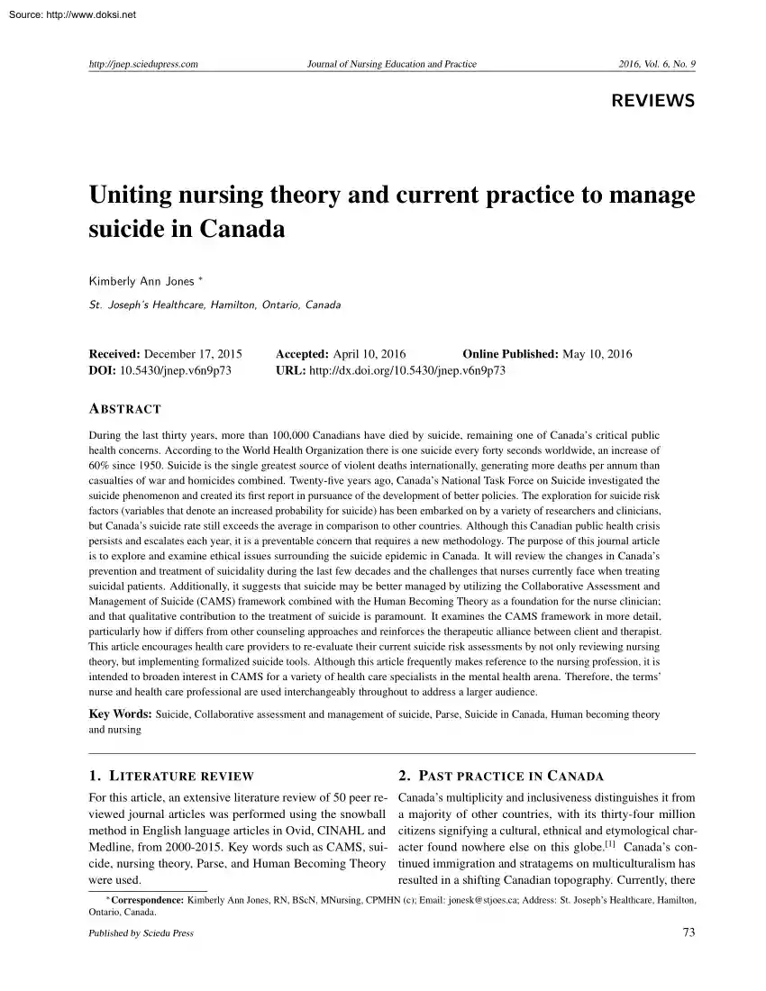 Kimberly Ann Jones - Uniting Nursing Theory and Current Practice to Manage Suicide in Canada