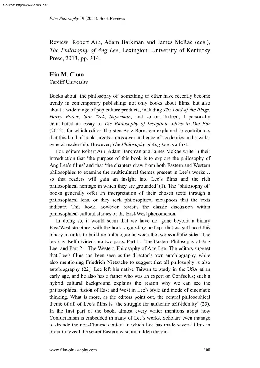 Hiu M. Chan - The Philosophy of Ang Lee, Review
