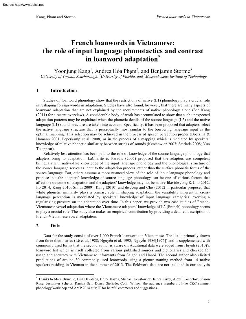 Kang-Pham-Storme - French Loanwords in Vietnamese, The Role of Input Language Phonotactics and Contrast in Loanword Adaptation