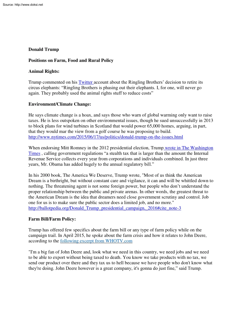 Donald Trump - Positions on Farm, Food and Rural Policy