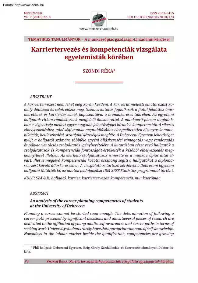 Szondi Réka - Karriertervezés és kompetenciák vizsgálata egyetemisták körében